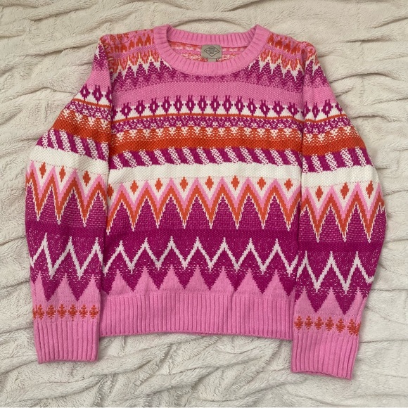 St. John's Bay Sweaters - St John's Bay Fair Isle Geometric Crewneck Sweater pink/orange Sz XL